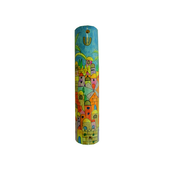 Hand Painted Wood Mezuzah, Jerusalem, 5"