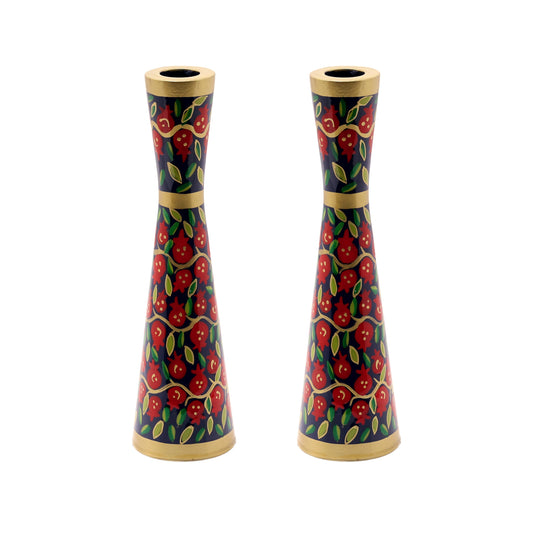 Hand Painted Metal Shabbat Candlesticks, Pomegranate, 8.5"