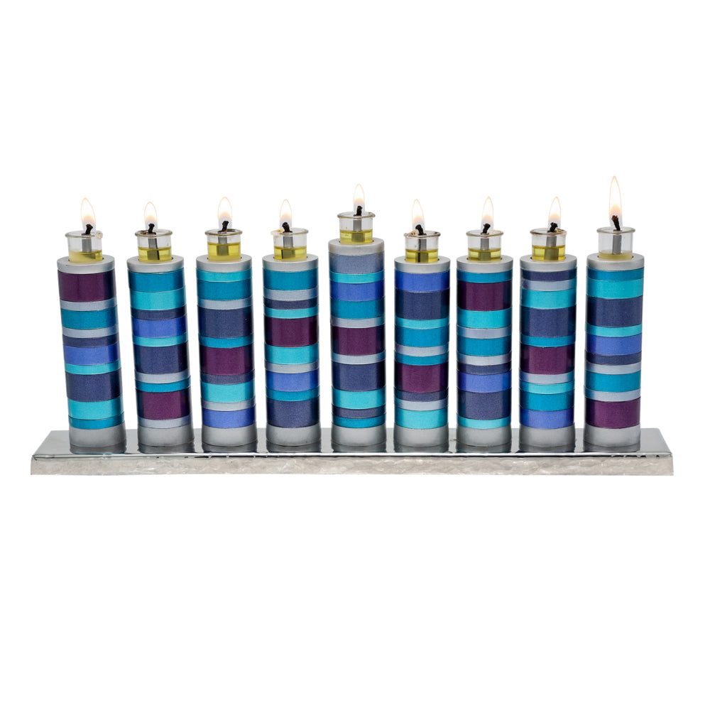 Anodized Aluminum Menorah, Blue Rings