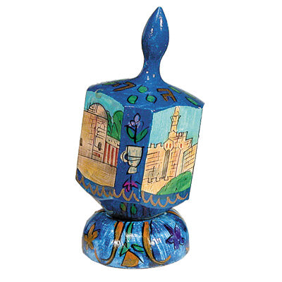 Hand Painted Wood Dreidel with Stand, Jerusalem