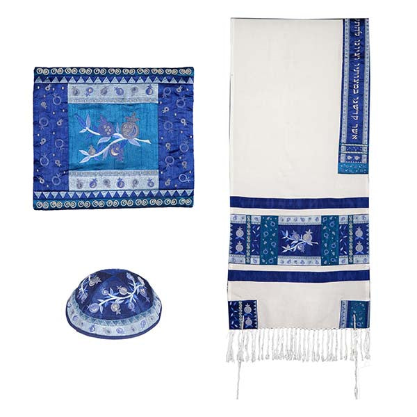 Embroidered Appliqued Tallit, Pomegranates, Blue, 20.5"