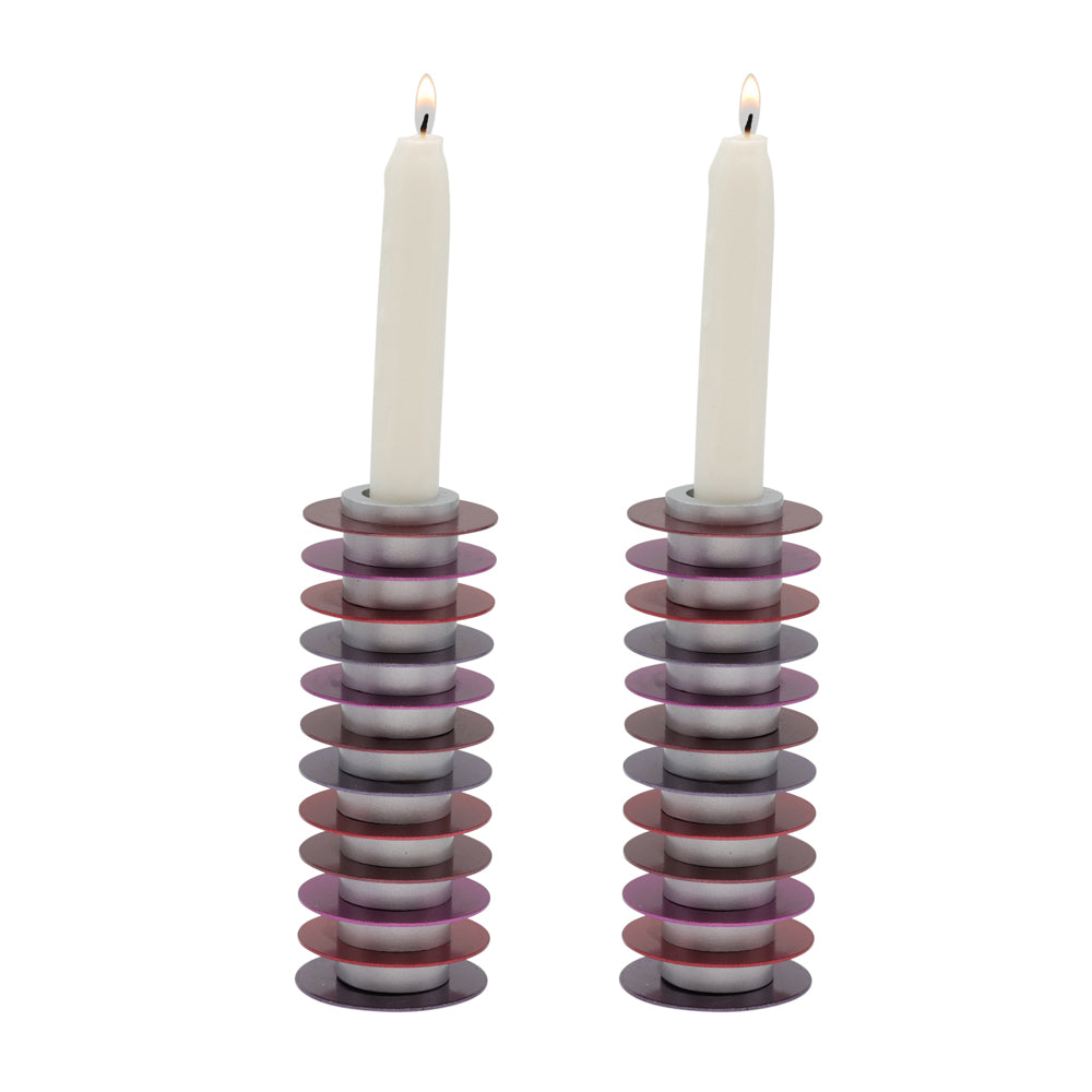 Stacked Disc Aluminum Shabbat Candlesticks, Maroon