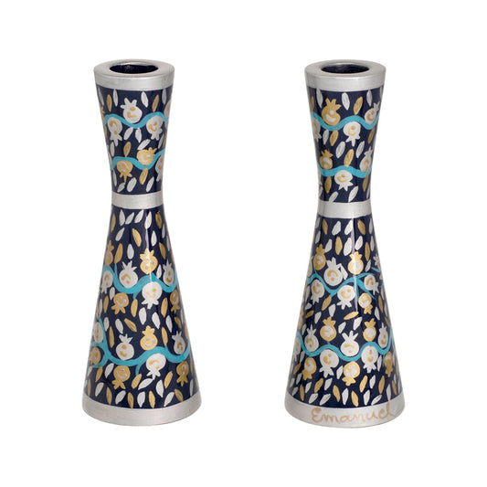 Hand Painted Metal Shabbat Candlesticks, Pomegranate