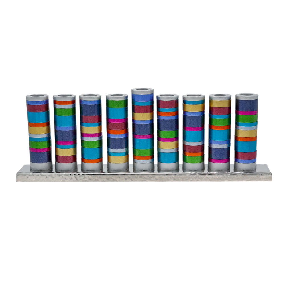 Anodized Aluminum Pillar Menorah, Multicolor Rings, 5"