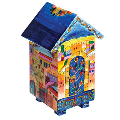 Hand Painted Wood Tzedakah Box, Jerusalem