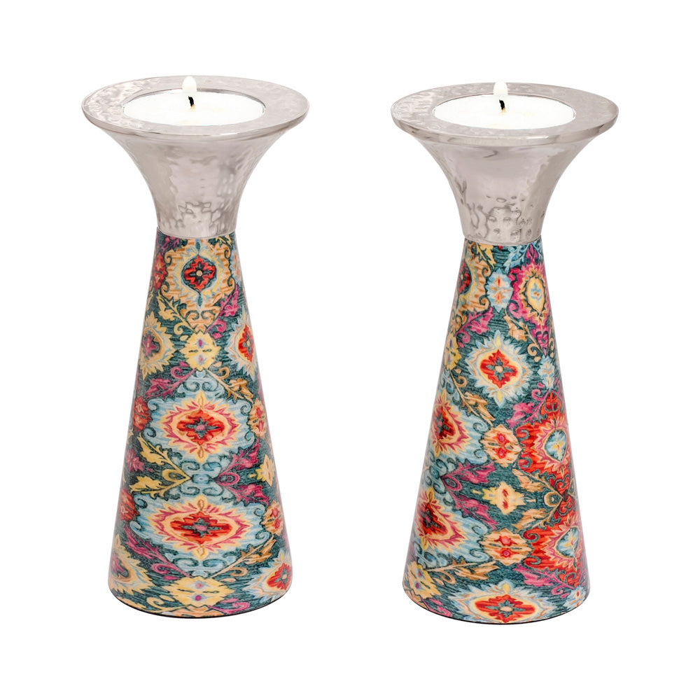 Cone Metal Shabbat Candlesticks, Multicolor Embroidery Pattern