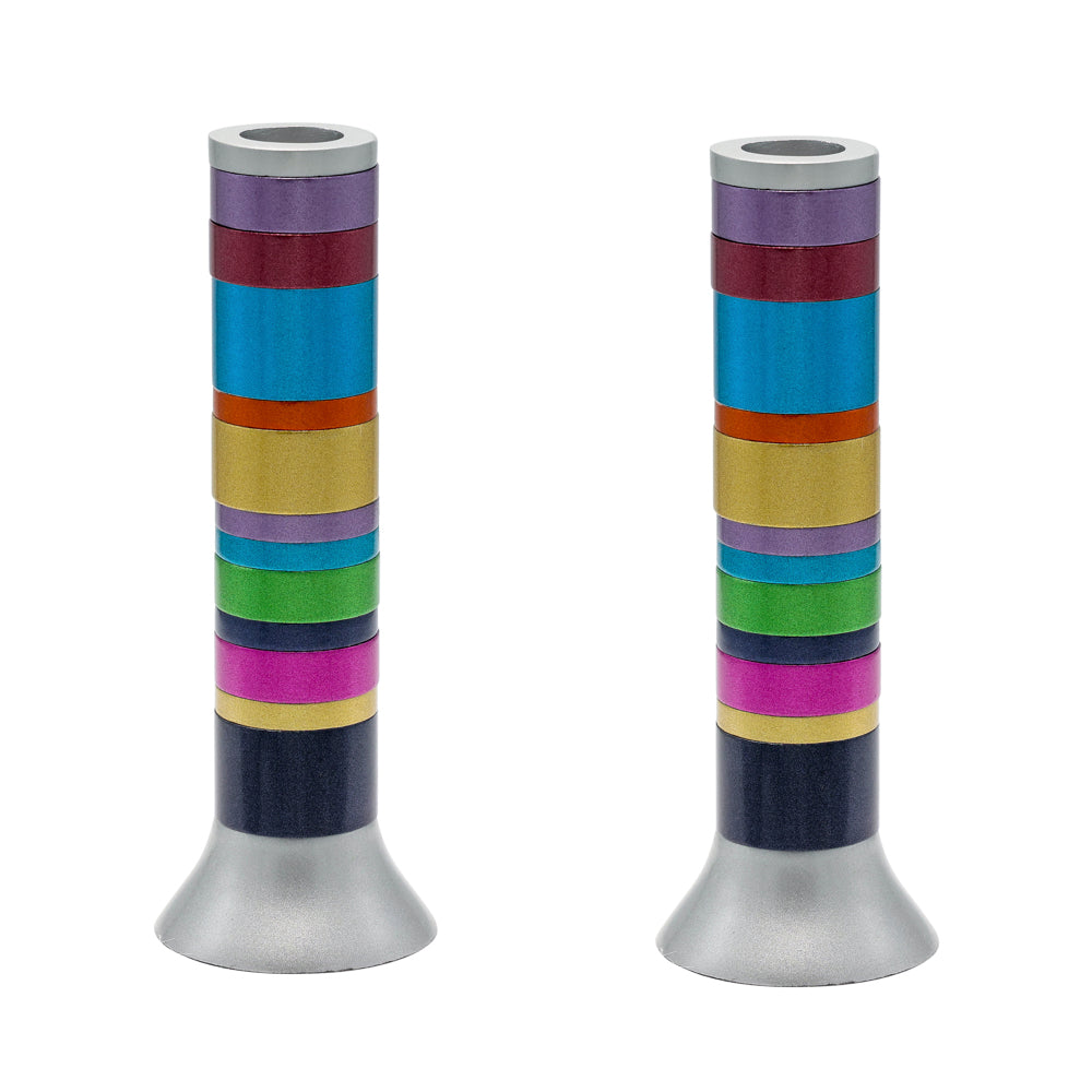 Anodized Aluminum Shabbat Candlesticks, Multicolor Rings