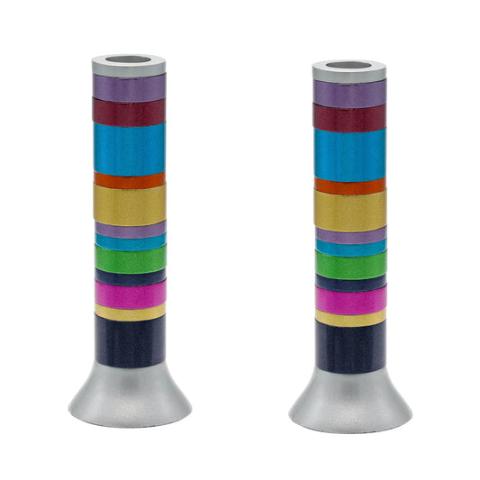 Anodized Aluminum Shabbat Candlesticks, Multicolor Rings