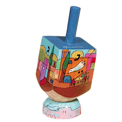 Hand Painted Wood Dreidel with Stand, Jerusalem Shin