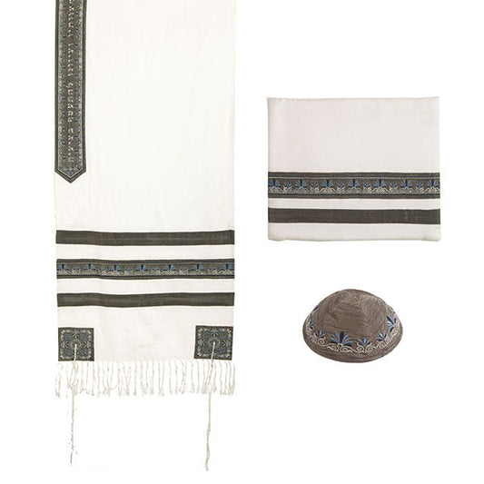 Embroidered Tallit with Floral Stripe, 19.5" Wide, Gray