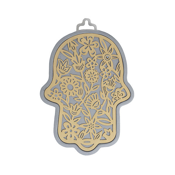 Small Silver Hamsa, Brass Floral Cutout, 3"
