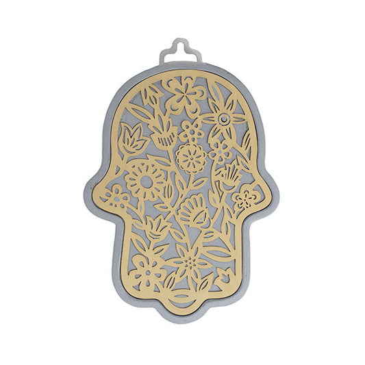 Small Silver Hamsa, Brass Floral Cutout, 3"