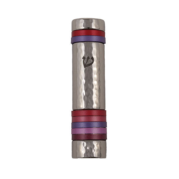 Hammered Metal Mezuzah Case, Maroon Rings