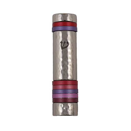 Hammered Metal Mezuzah Case, Maroon Rings