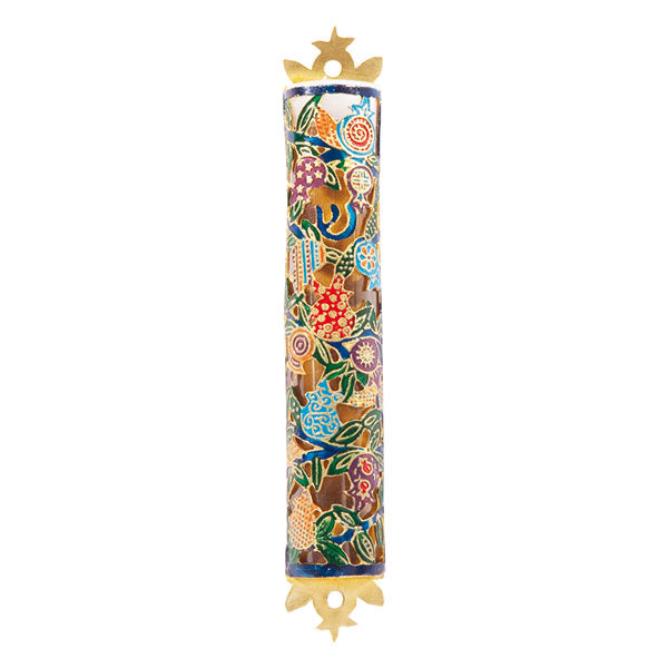 Etched Metal Mezuzah Case, Pomegranate, 6"