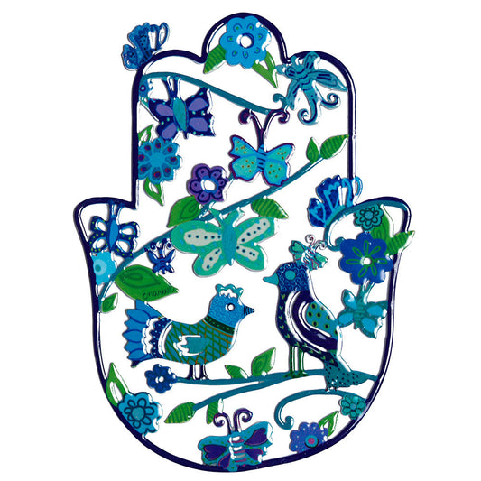 Cutout Metal Hamsa, Birds and Flowers Blue
