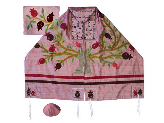 Raw Silk Appliqued Tallit, Pomegranate Tree