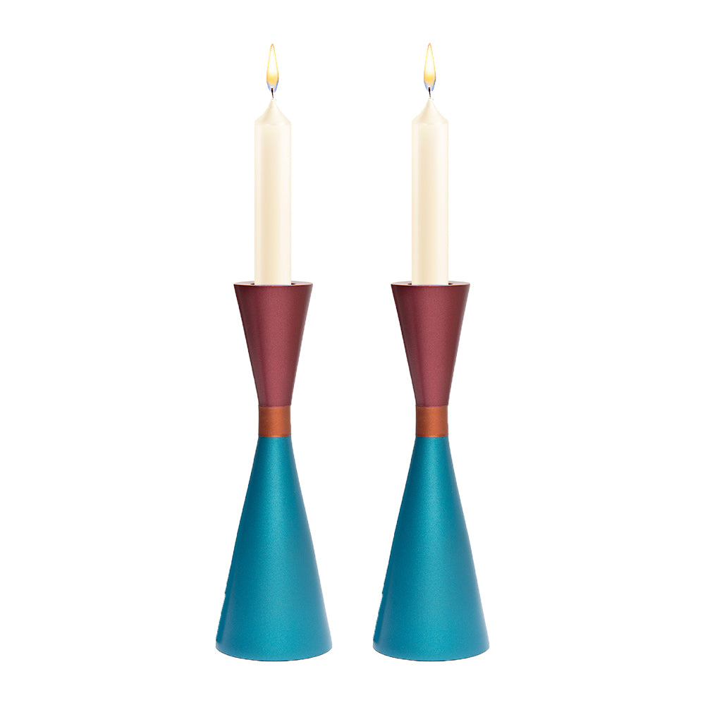 Modern Anodized Aluminum Shabbat Candlesticks, Turquoise and Red