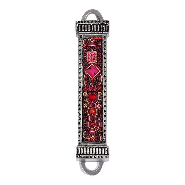 Metal and Embroidered Mezuzah Case, Red