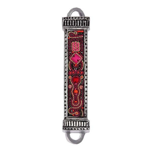 Metal and Embroidered Mezuzah Case, Red