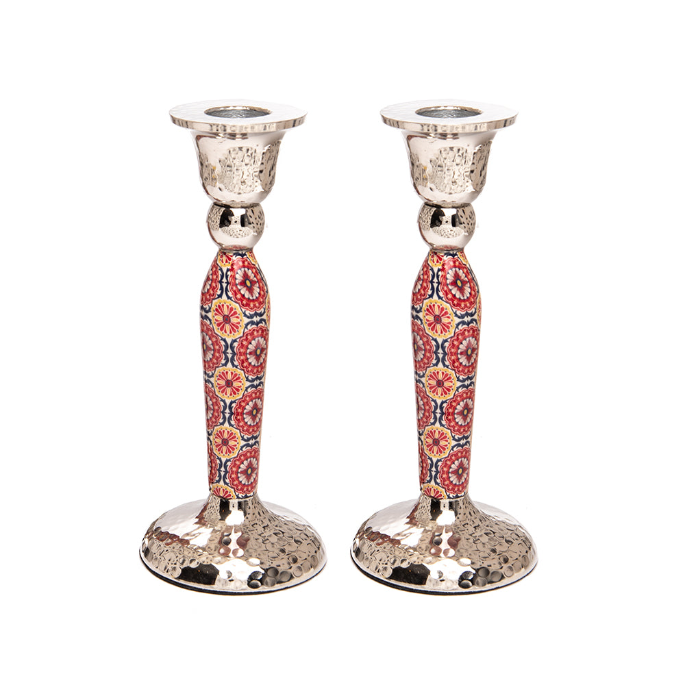 Hammered Aluminum Shabbat Candlesticks, Mosaic Maroon