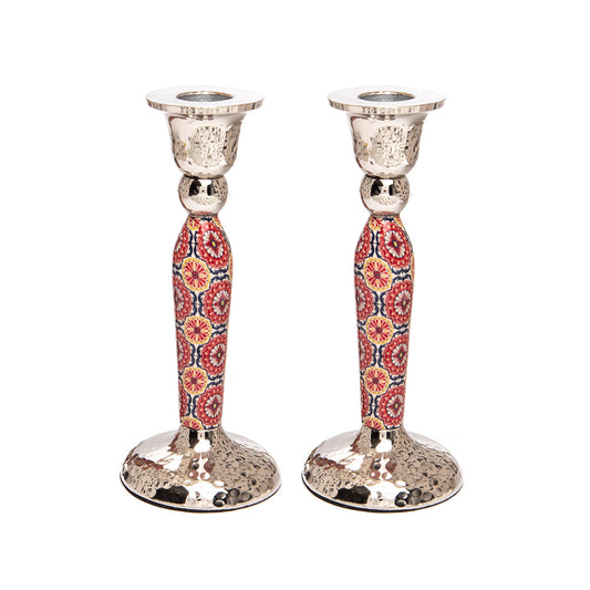 Hammered Aluminum Shabbat Candlesticks, Mosaic Maroon