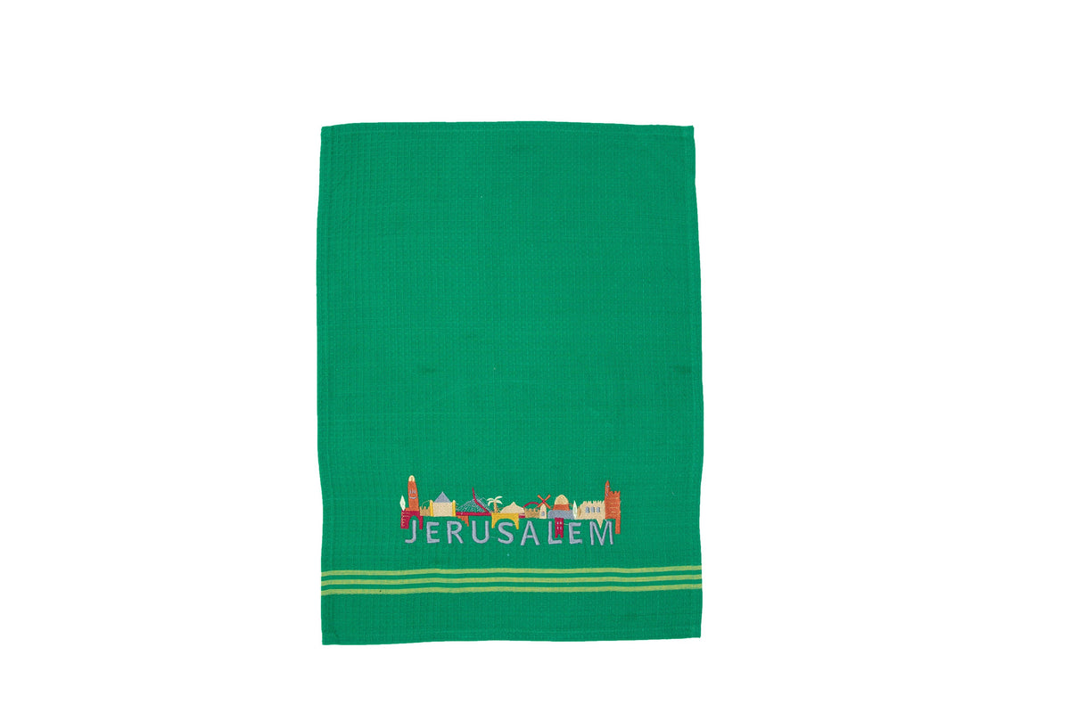 Embroidered Cotton Dish Towel, Jerusalem, Green