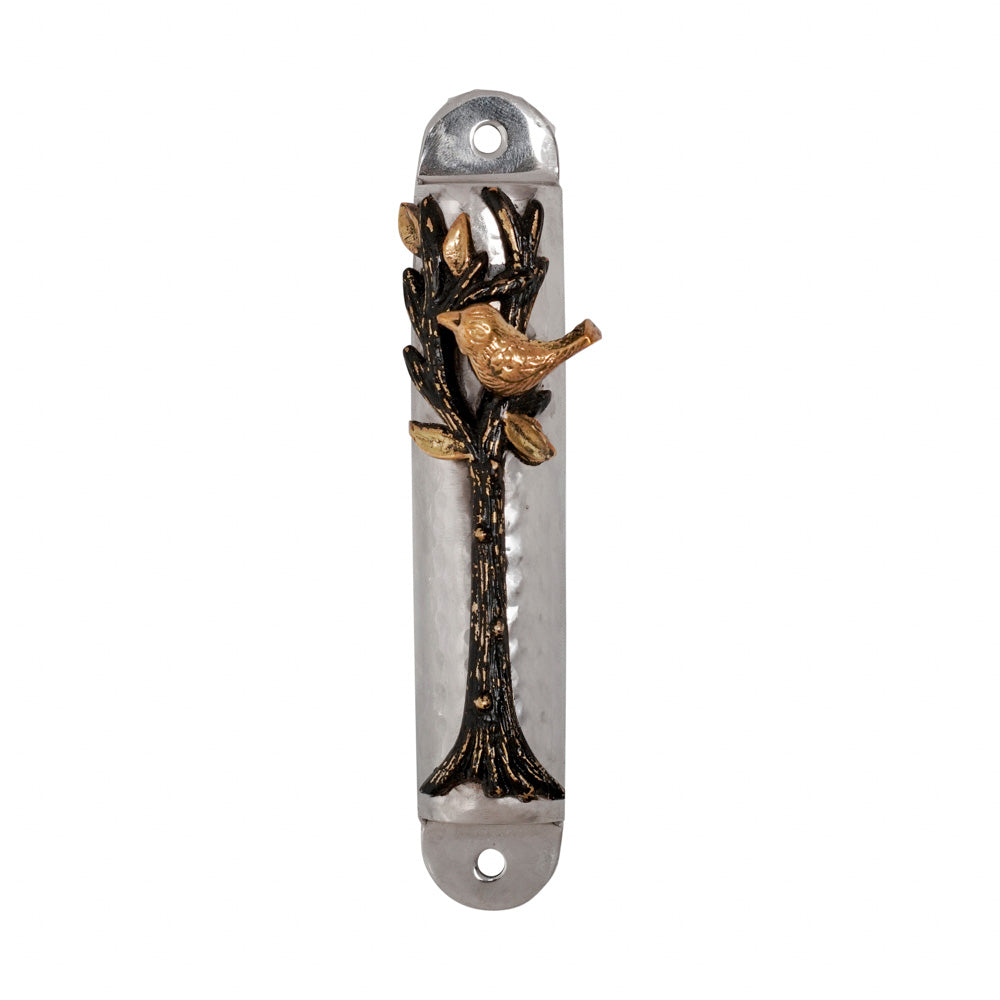 Metal Mezuzah Case, Tree of Life with Bird