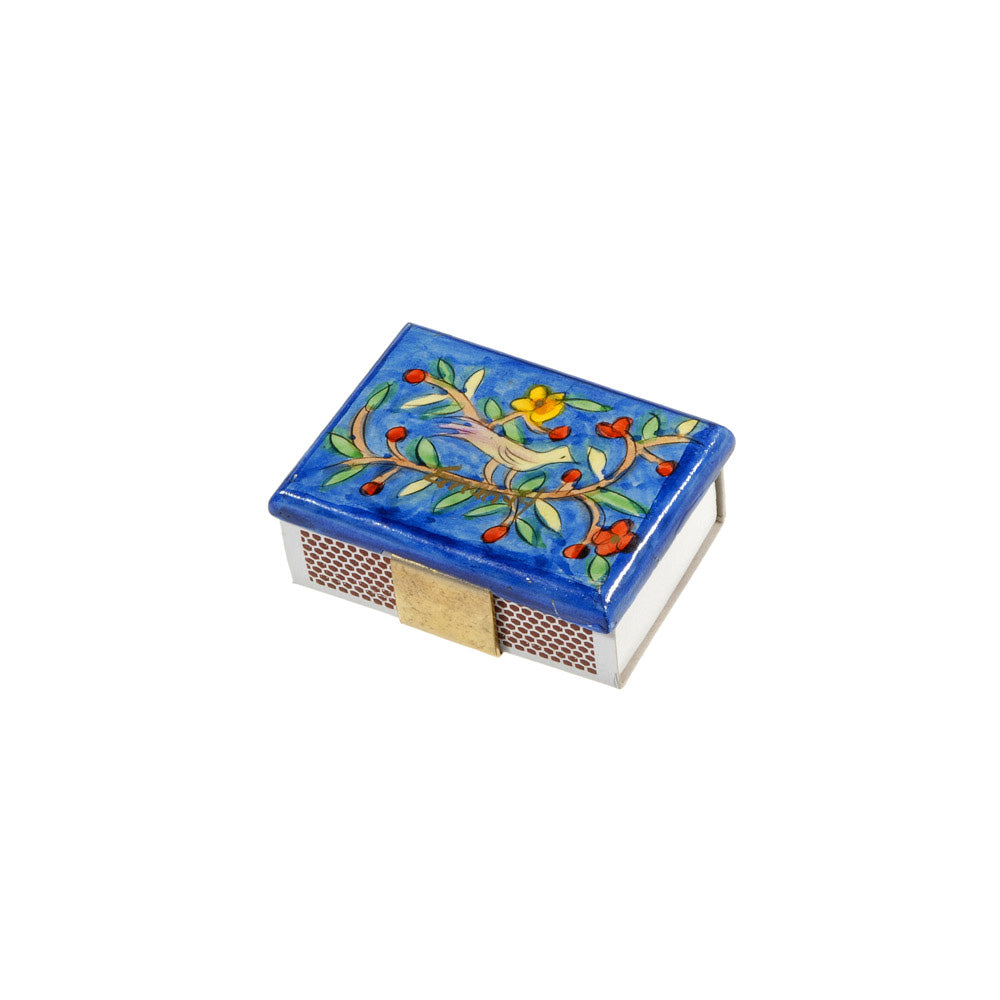 Hand Painted Wood Match Box Holder, Bird and Pomegranate