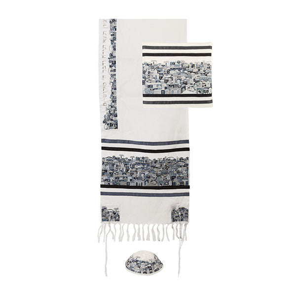 Embroidered Tallit Set, Jerusalem, Black/Gray, 20.5"