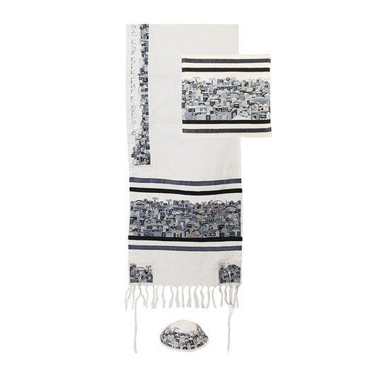 Embroidered Tallit Set, Jerusalem, Black/Gray, 20.5"