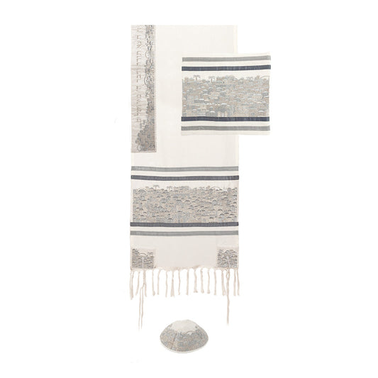 Embroidered Tallit Set, Jerusalem Silver, 20.5"