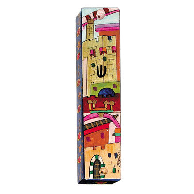 Hand Painted Wood Mezuzah Case, Jerusalem