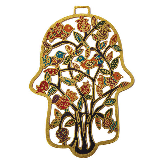 Hand Painted Metal Hamsa Wall Decor, Tree of Life and Birds