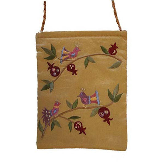 Embroidered Fabric Passport Bag, Birds, Gold