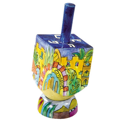Hand Painted Wood Dreidel with Stand, Jerusalem