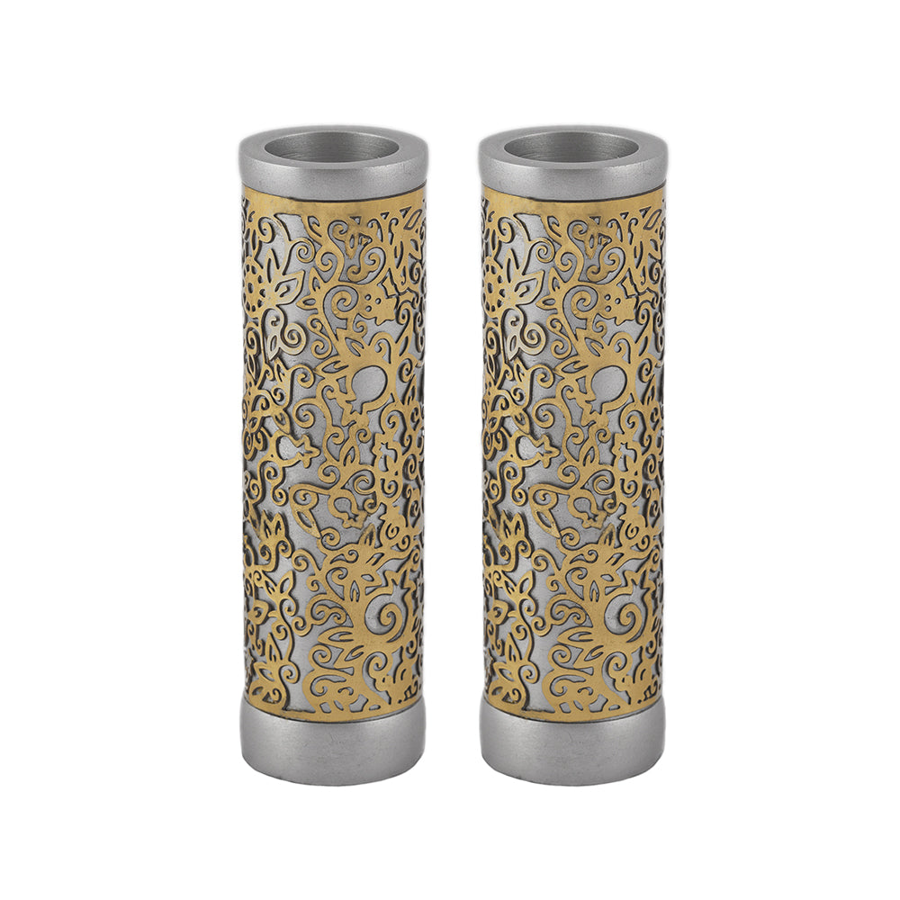 Cylinder Aluminum Candlesticks, Brass Cutout Pomegranate