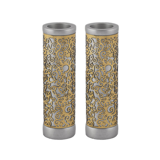 Cylinder Aluminum Candlesticks, Brass Cutout Pomegranate
