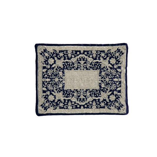 Embroidered Silk Tefillin Bag, Silver on Blue