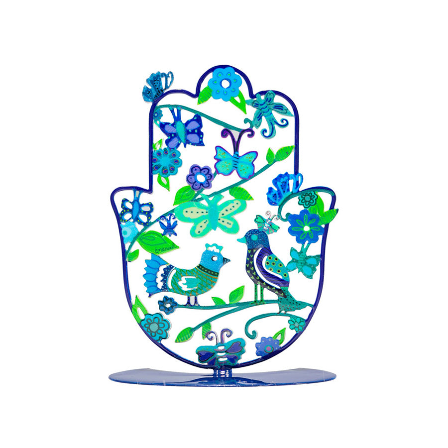 Painted Metal Hamsa Stand, Birds and Flowers