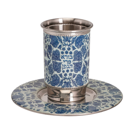Metal Kiddush Cup and Plate, Blue Floral