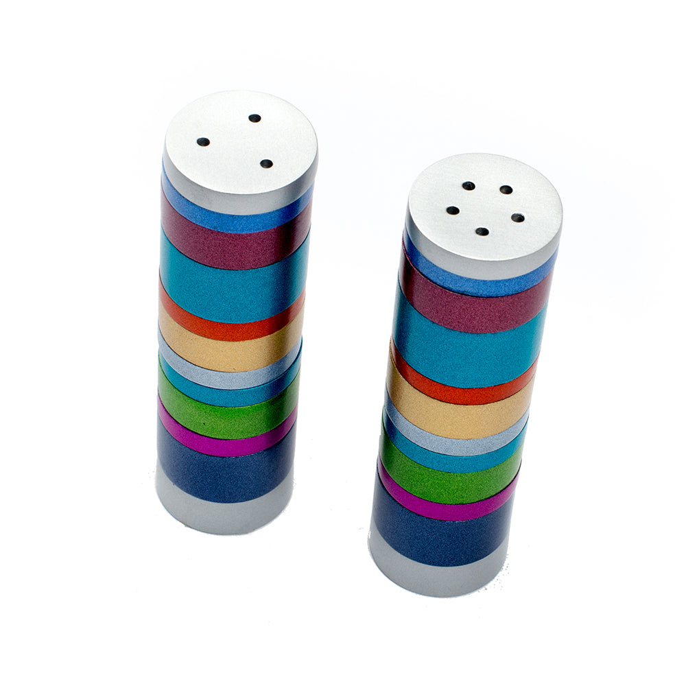 Anodized Aluminum Salt and Pepper Shakers, Multicolor Rings