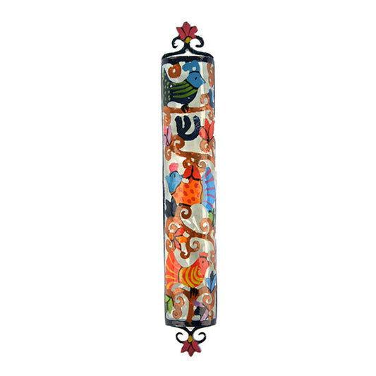 Hand Painted Metal Mezuzah Case, Birds, 6"
