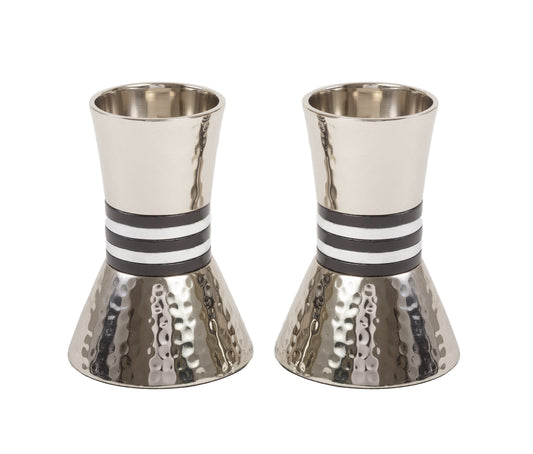 Hammered Metal Shabbat Candlesticks, Black and Silver