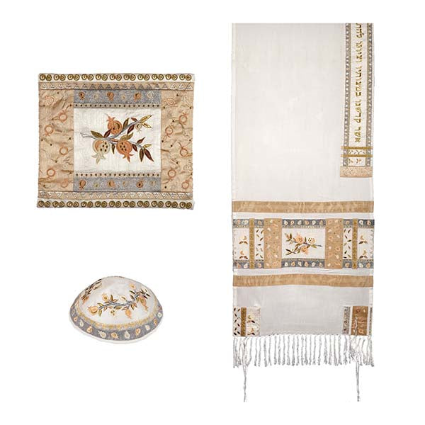 Embroidered Appliqué Tallit, Pomegranates, Gold, 20.5" Wide