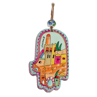 Hand Painted Wood Hamsa, Jerusalem, 3.5"