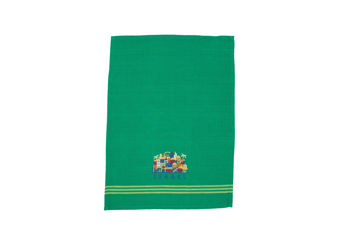 Embroidered Cotton Dish Towel, Jerusalem Houses, Green