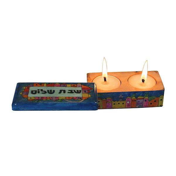 Hand Painted Wood Travel Candlesticks Box, Jerusalem