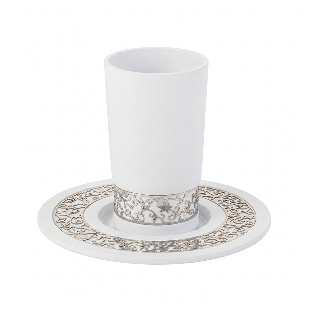 White Kiddush Cup and Plate, Pomegranate Cutout