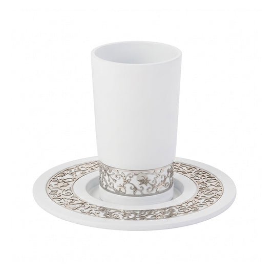 White Kiddush Cup and Plate, Pomegranate Cutout